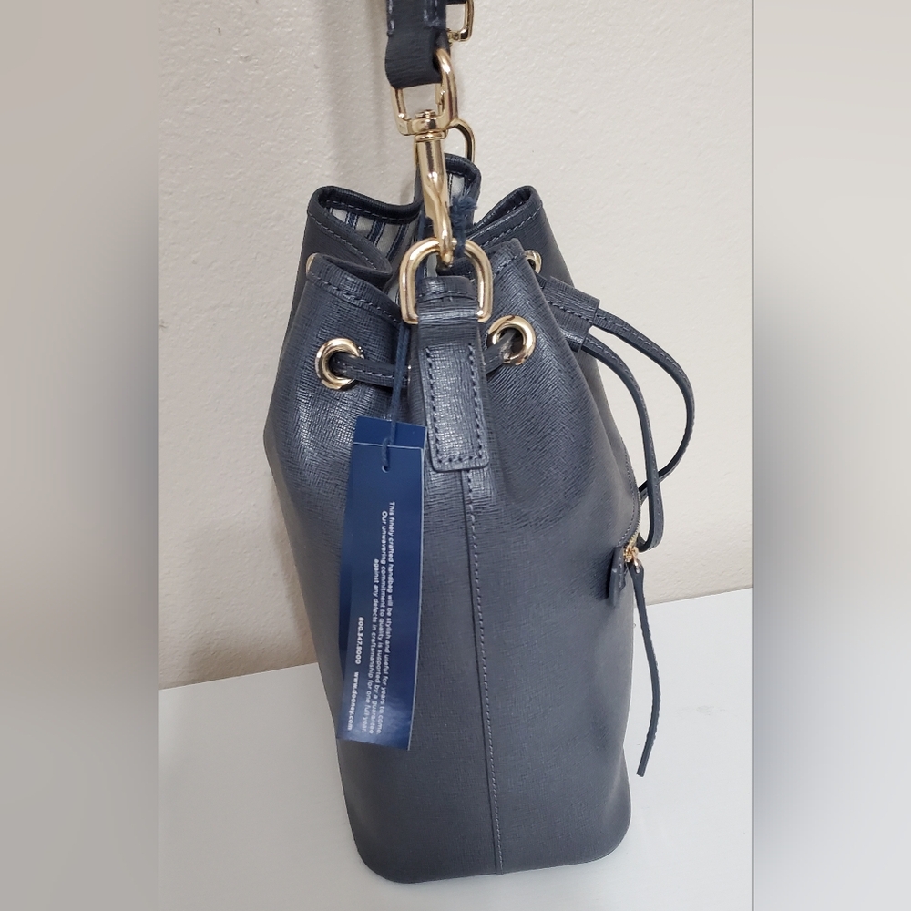 New Dooney & Bourke Dark Gray Saffiano Leather Drawstring Bucket Bag - Picture 8 of 11